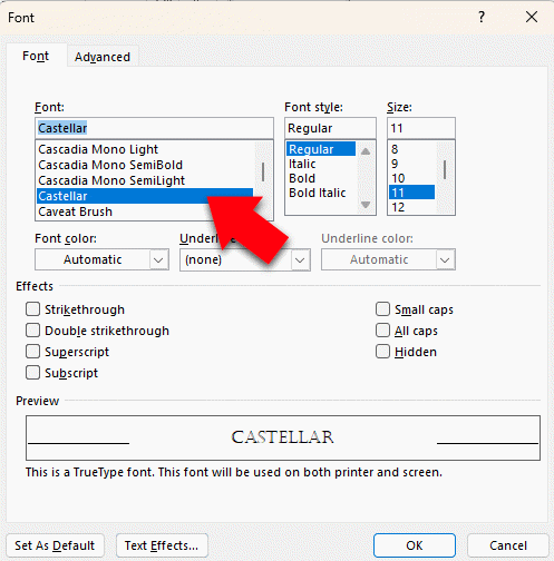 Font selection dialog